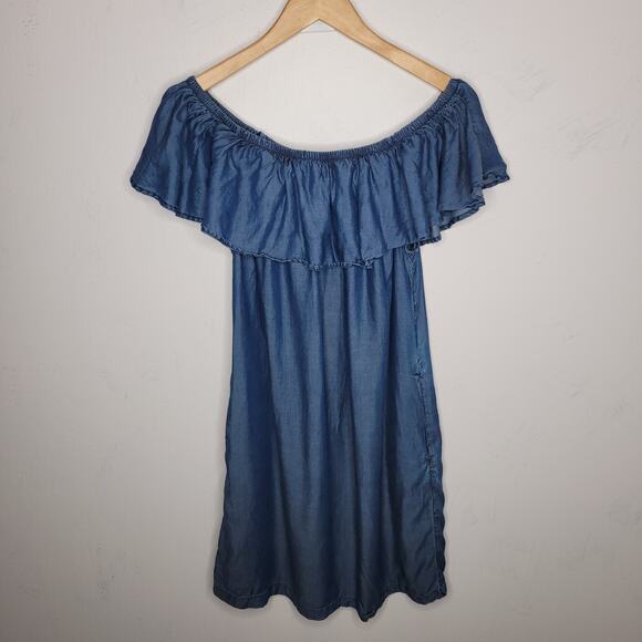 Tommy Bahama Women’s Chambray Off-The-Shoulder Ruffle Top Shift Dress Size M - Picture 5 of 9